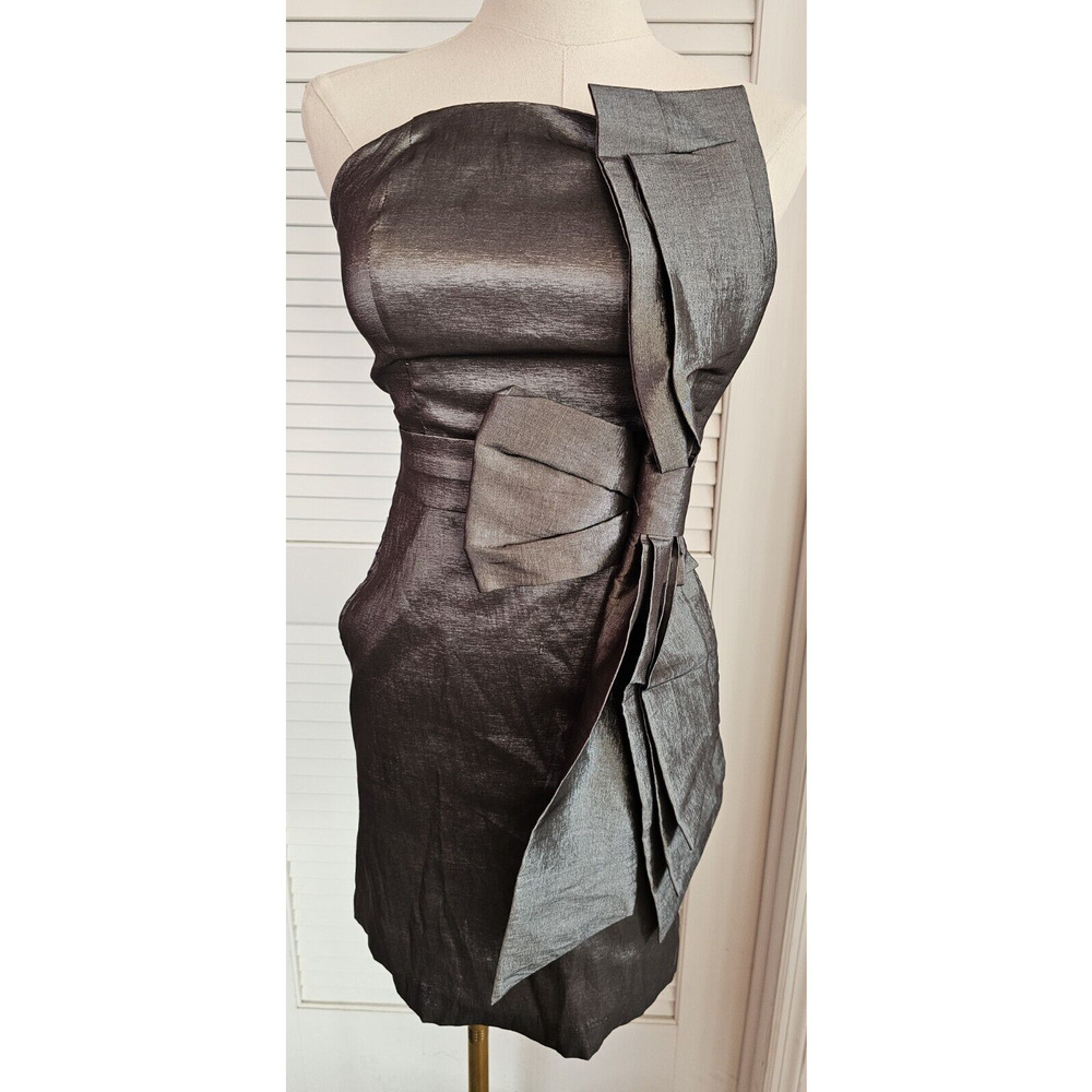 NEW Twentyone Metallic Silver Stretch Pocket Strapless Bow Prom Dress SMALL S SM
